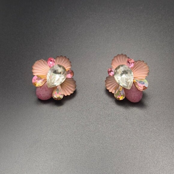Vintage Michele Sugar Pink Clamshell Pink White Stone Rhinestone Earrings - Picture 7 of 10
